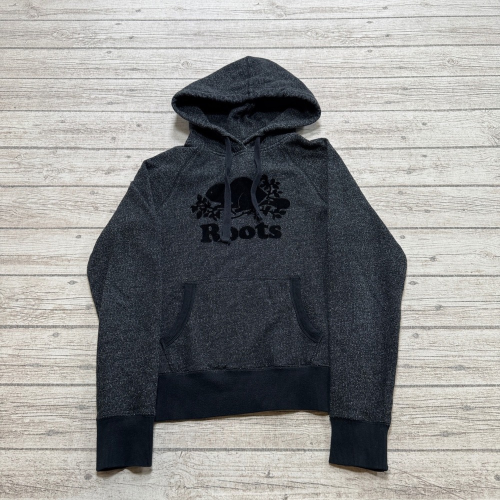 Roots Hoodie Women's XS Charcoal Gray Salt & Pepper Logo French Terry Pullover